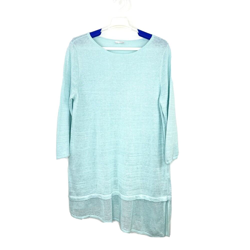 J JILL Pure Jill Aqua Linen Blend Asymmetric Mesh Hem Tunic Sweater Size Large